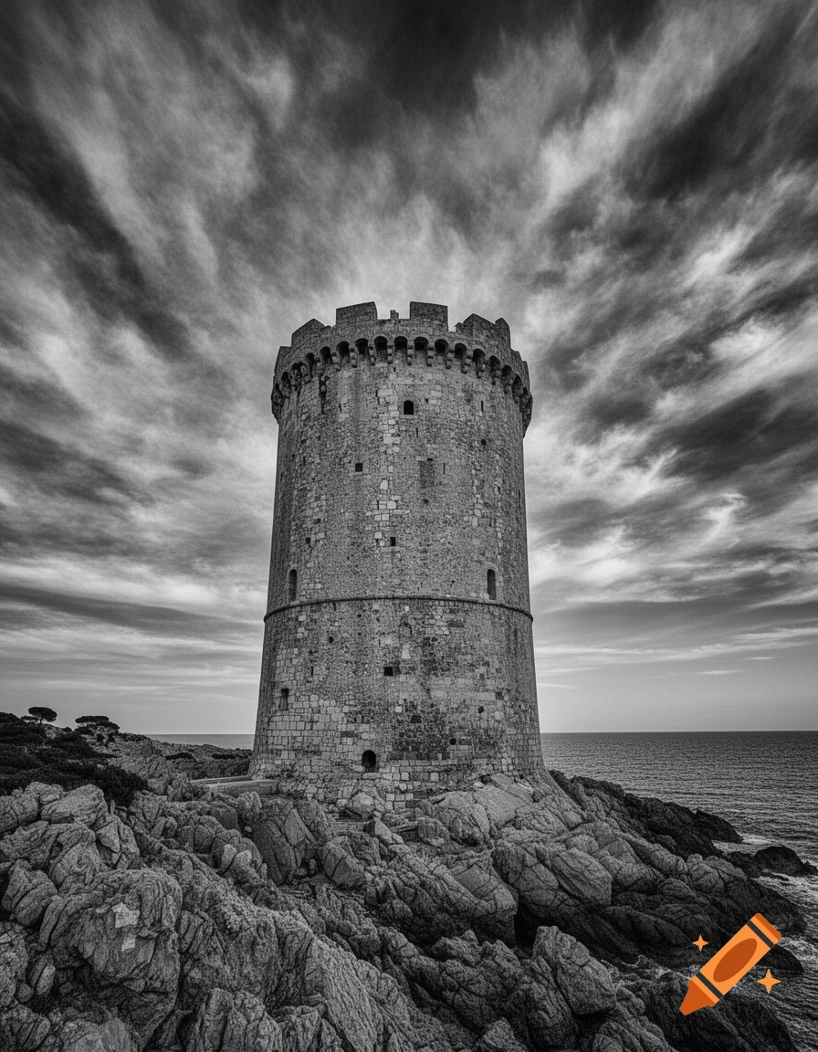 A round stone tower on a rocky coastline under a dramatic cloudy sky, rendered in black and white.