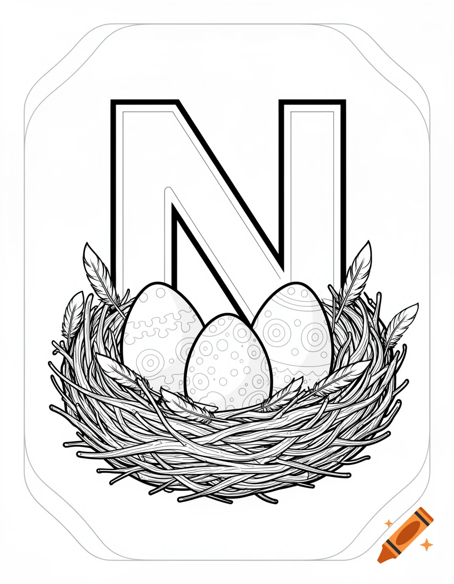 A black and white coloring page featuring a large capital letter N above a nest containing three decorative eggs and feathers.