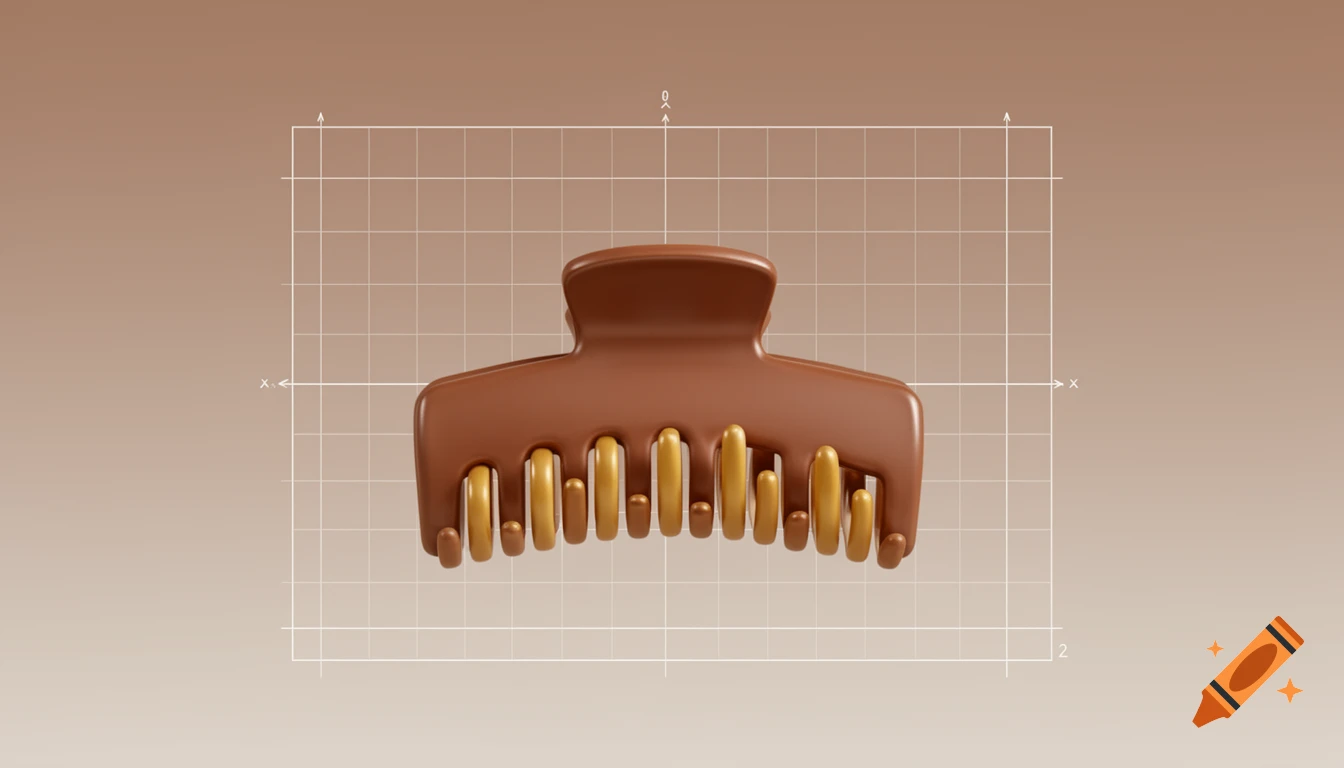 A brown hair claw clip with golden teeth against a light brown background, overlaid with a white grid and axis labels.