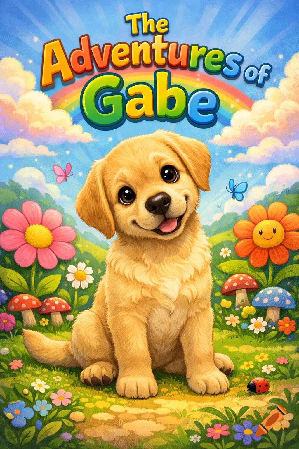 A cute, smiling golden retriever puppy sits in a colorful field under a rainbow, with the title 'The Adventures of Gabe' for a children's book cover.