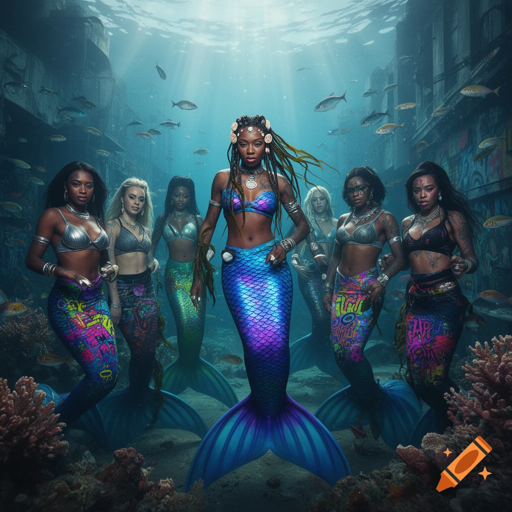 Six diverse mermaids with colorful, graffiti-style tails and metallic tops swim in a photorealistic sunken urban underwater world.