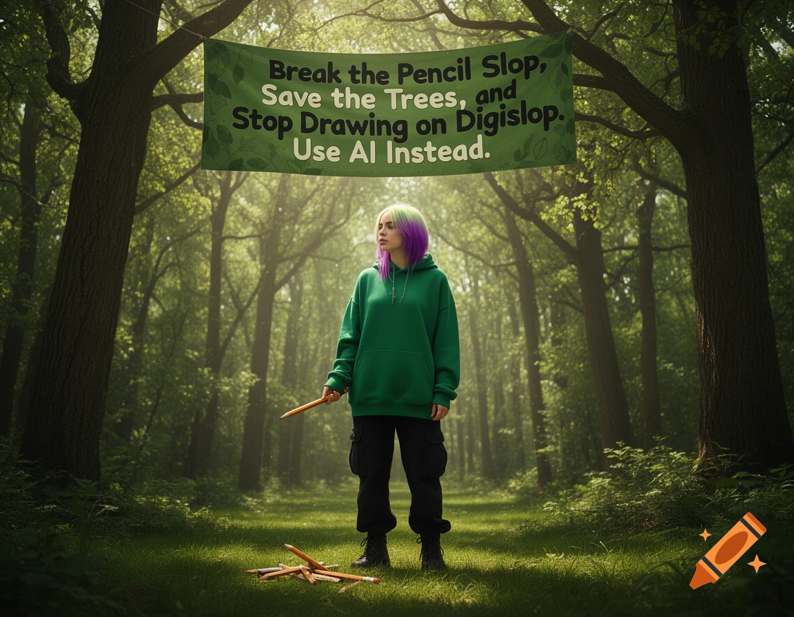 A person with green and purple hair, wearing a green hoodie, stands in a sunlit forest clearing, holding a broken pencil. A banner above reads, "Break the Pencil Slop, Save the Trees, and Stop Drawing on Digislop. Use AI Instead."