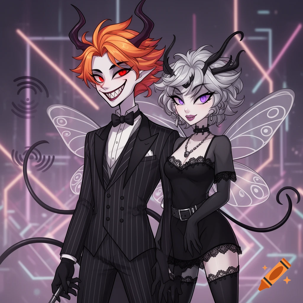 Two stylized characters, a male with red hair and horns in a pinstripe suit and a female with white hair, horns, and wings in a black lace dress, stand together with glowing geometric background elements.