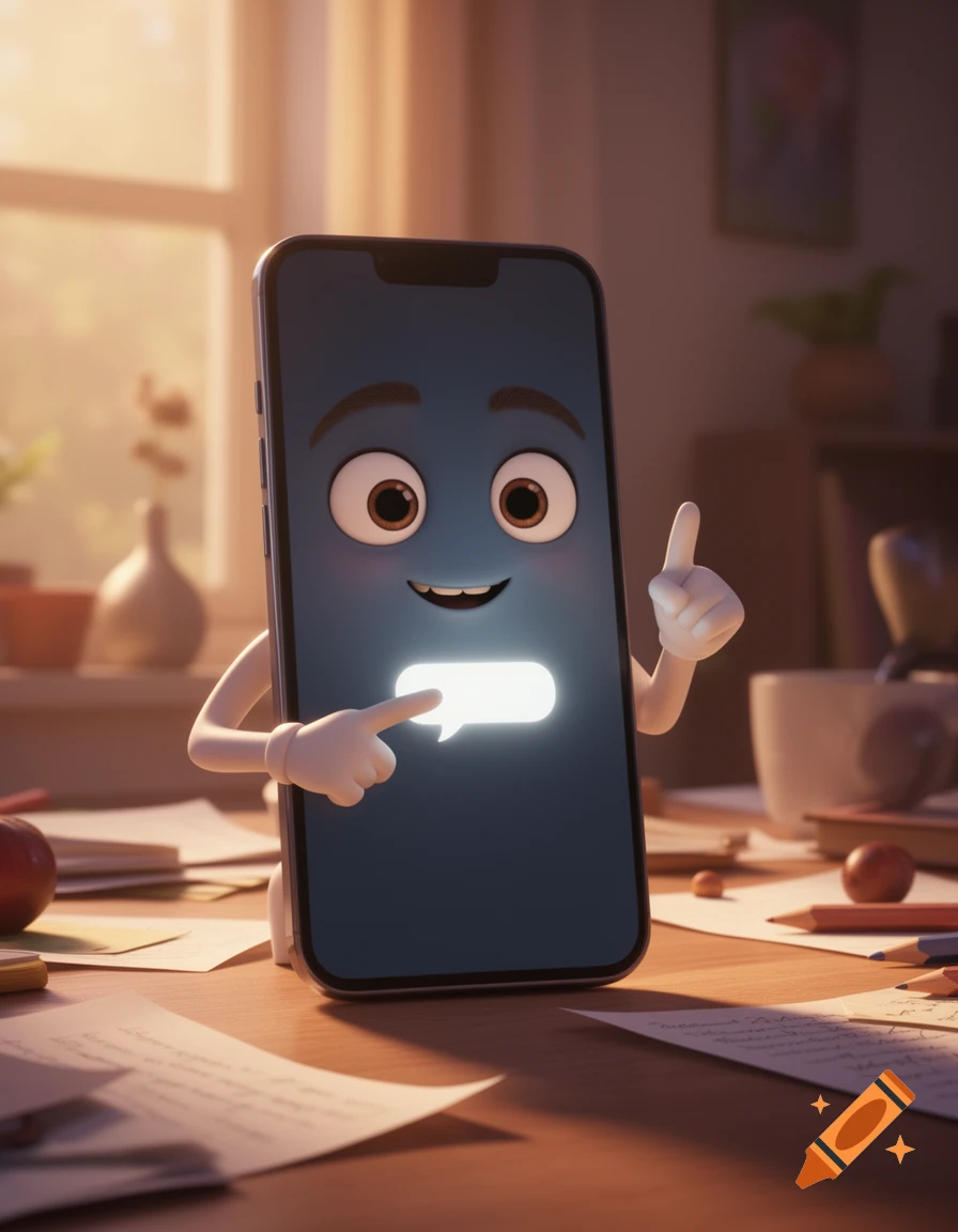 A Pixar-style 3D rendered cartoon smartphone character points at a glowing speech bubble notification on its screen, looking curious, on a messy desk with warm sunlight.