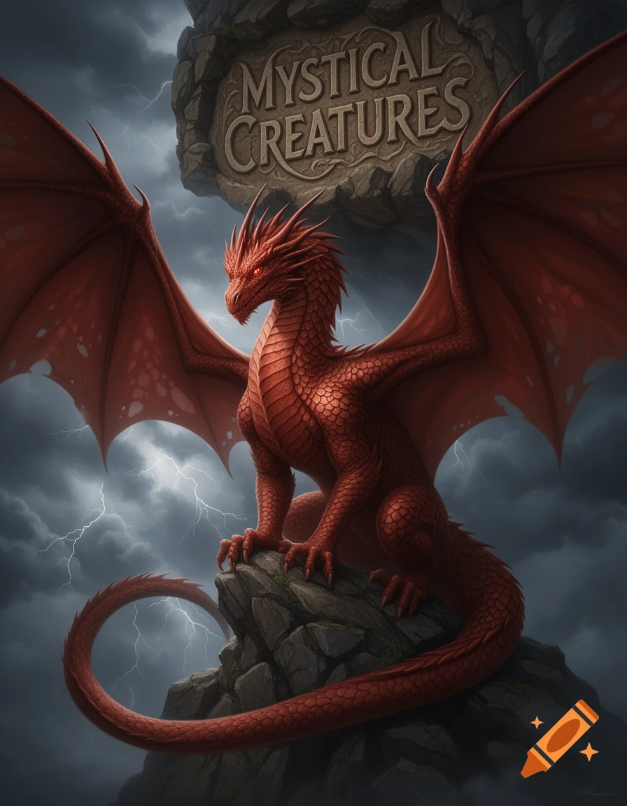 A majestic red dragon with large wings sits atop a rocky peak under a ...