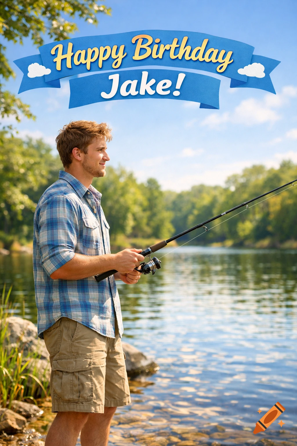 A man in a plaid shirt and shorts fishes in a lake under a blue sky, with a "Happy Birthday Jake!" banner overhead.