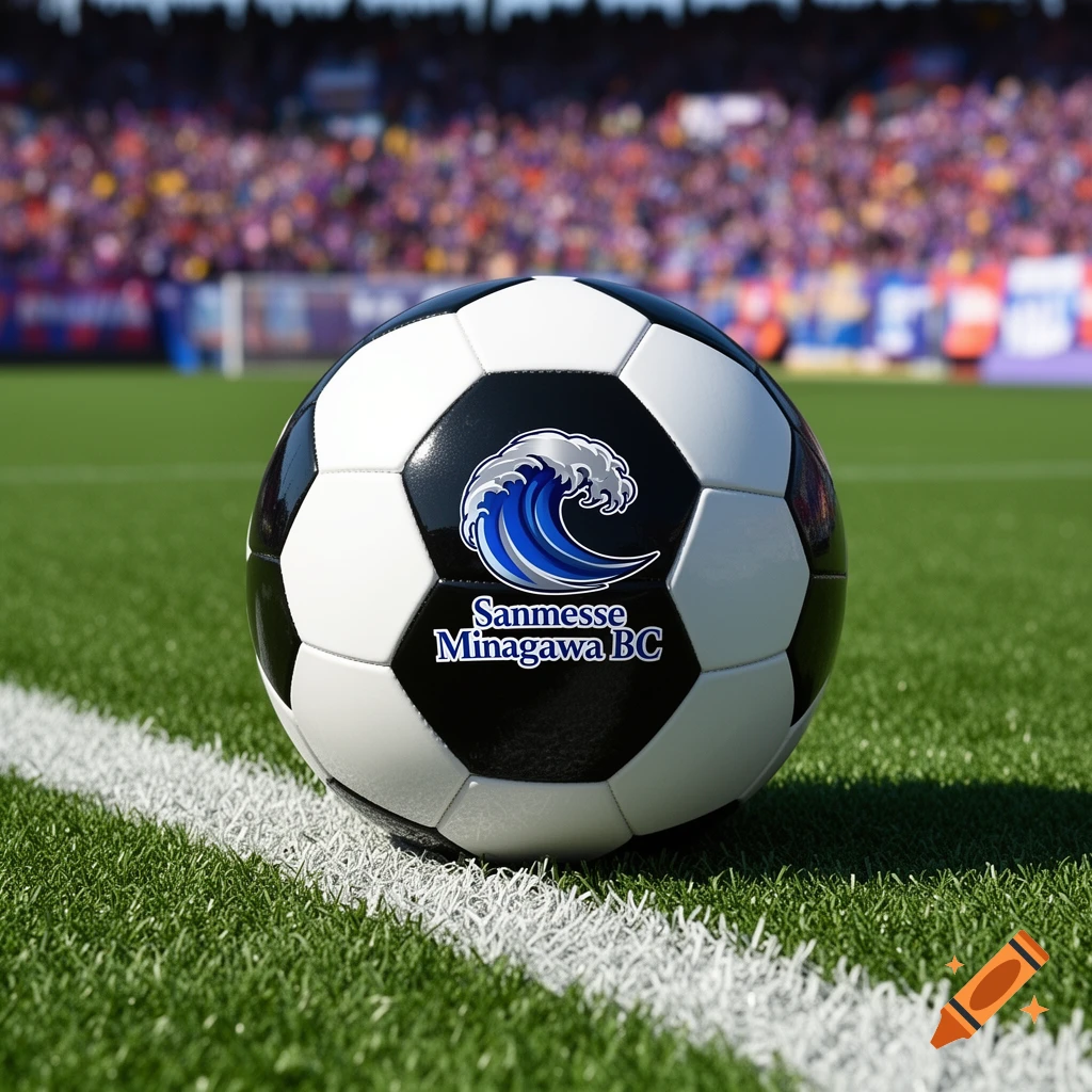 A close-up of a black and white soccer ball with "Sanmesse Minagawa BC" and a wave logo, on a green field with spectators.