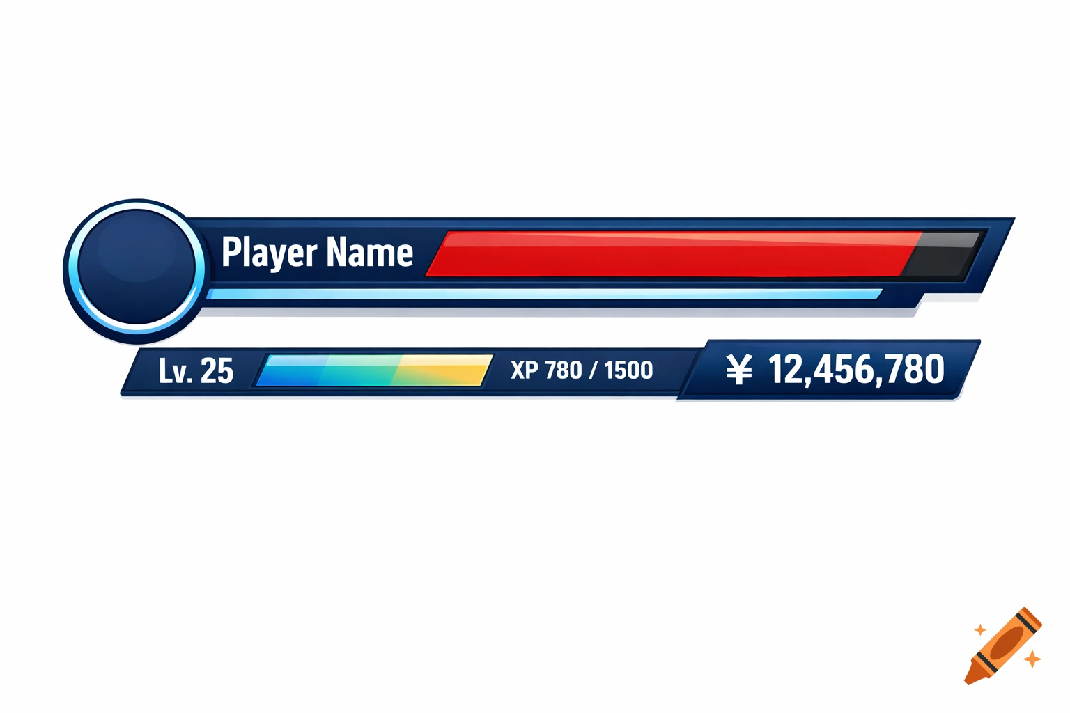 A game UI health bar with player name, icon placeholder, level, XP bar, and yen currency amount.