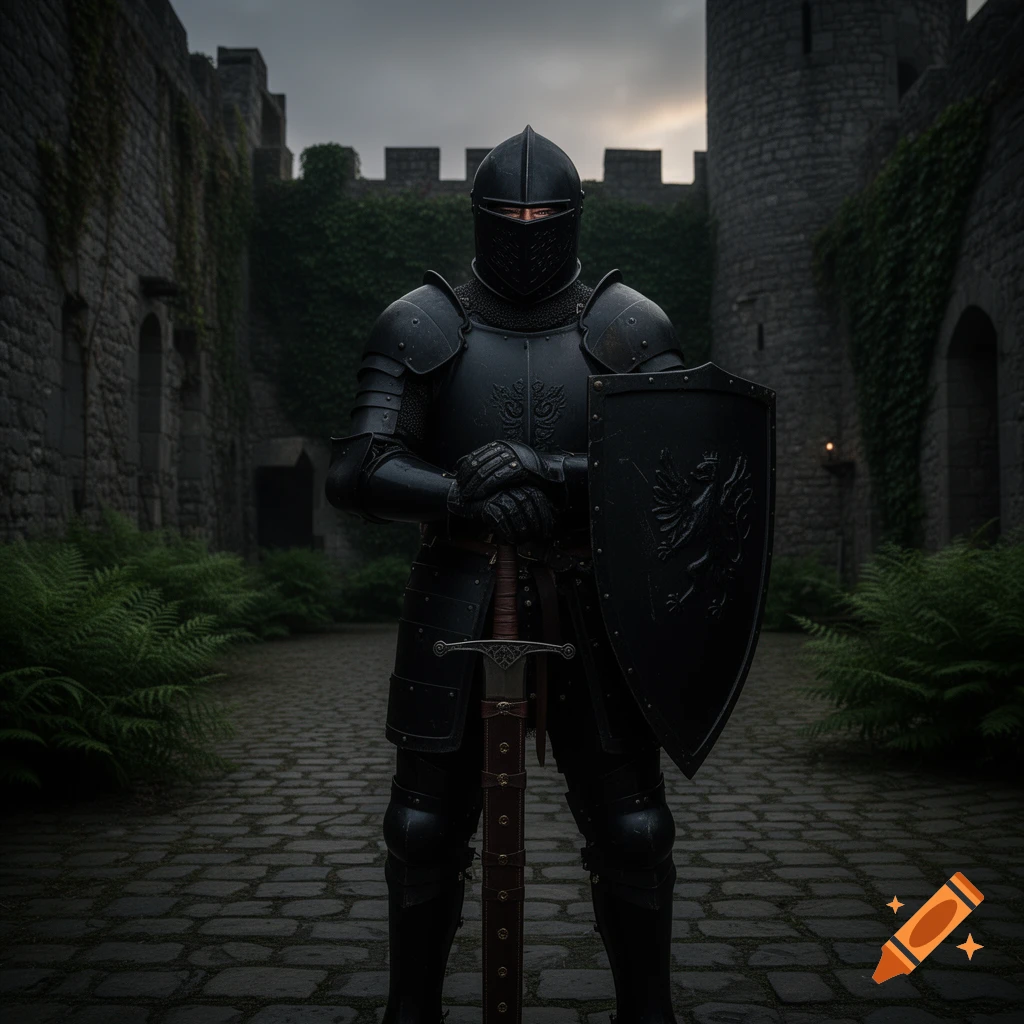 A black knight in full dark armor stands in a gloomy stone castle courtyard, holding a sword and shield.
