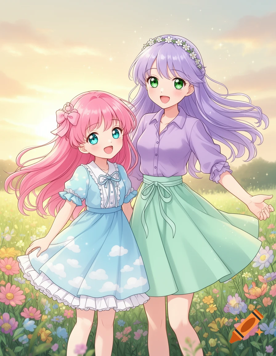 Two cute anime girls, one with pink hair and one with purple, smiling in a vibrant flower field at sunset.