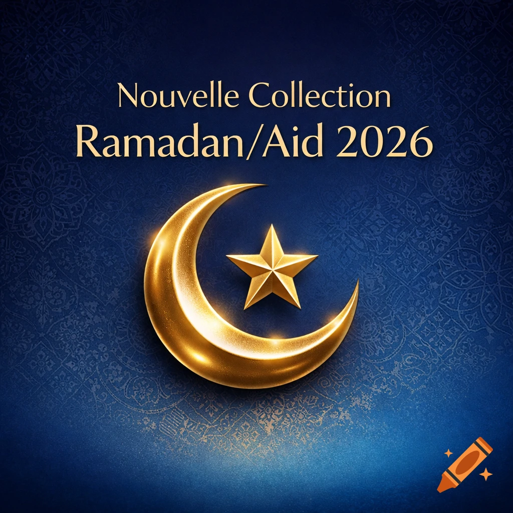 Golden crescent moon and star on a deep blue background with a subtle pattern, text reads 'Nouvelle Collection Ramadan/Aid 2026'.