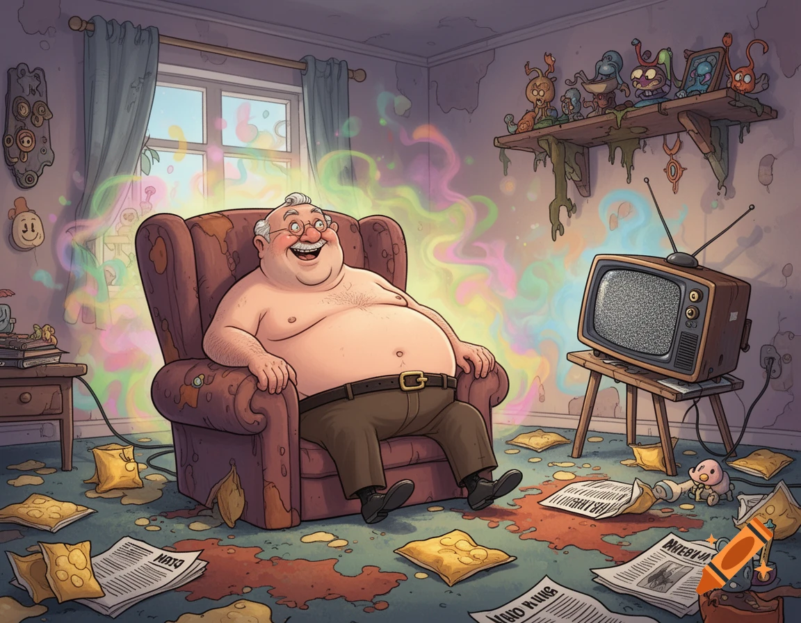 A fat, shirtless cartoon grandpa happily sits in a messy living room filled with colorful fumes, watching a static TV.