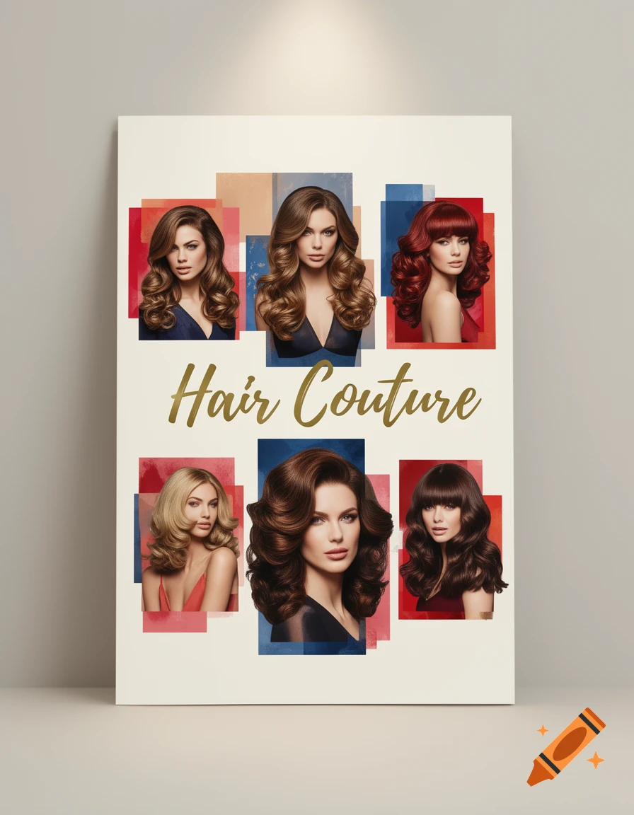 A poster for 'Hair Couture' featuring six headshots of women with various elaborate hairstyles and hair colors.