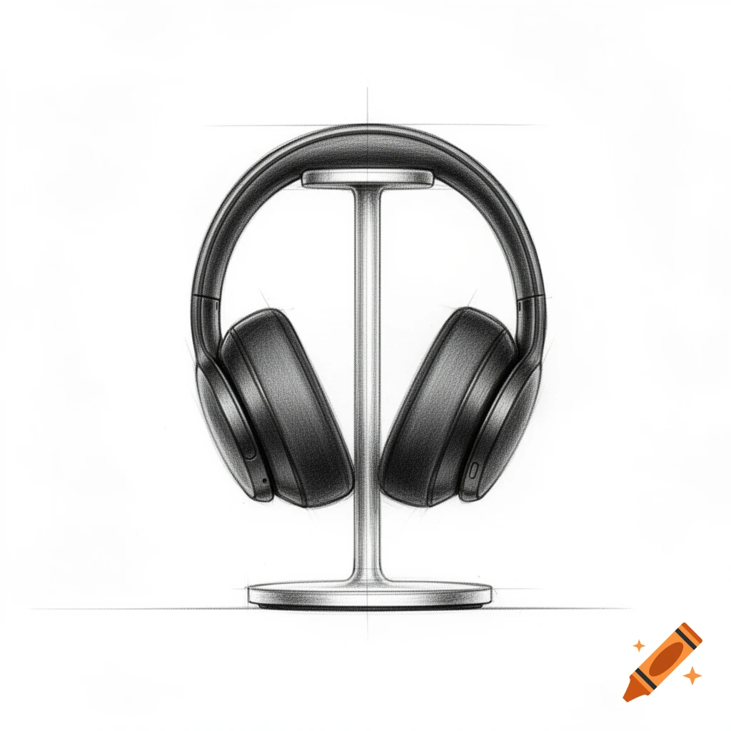 Pencil sketch of black wireless over-ear headphones on a silver stand against a white background.