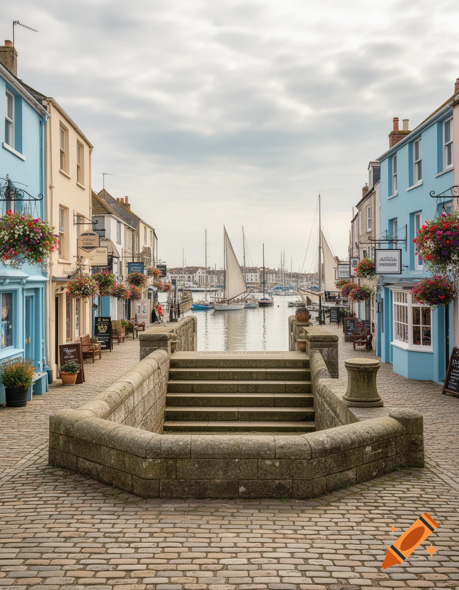 A narrow cobblestone street in a historic harbor town, lined with colorful buildings and leading to a body of water with sailboats.