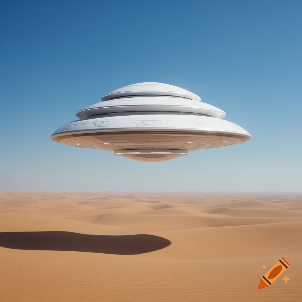 A large, white, multi-layered UFO with subtle lights hovers over a vast, sandy desert landscape under a clear blue sky.