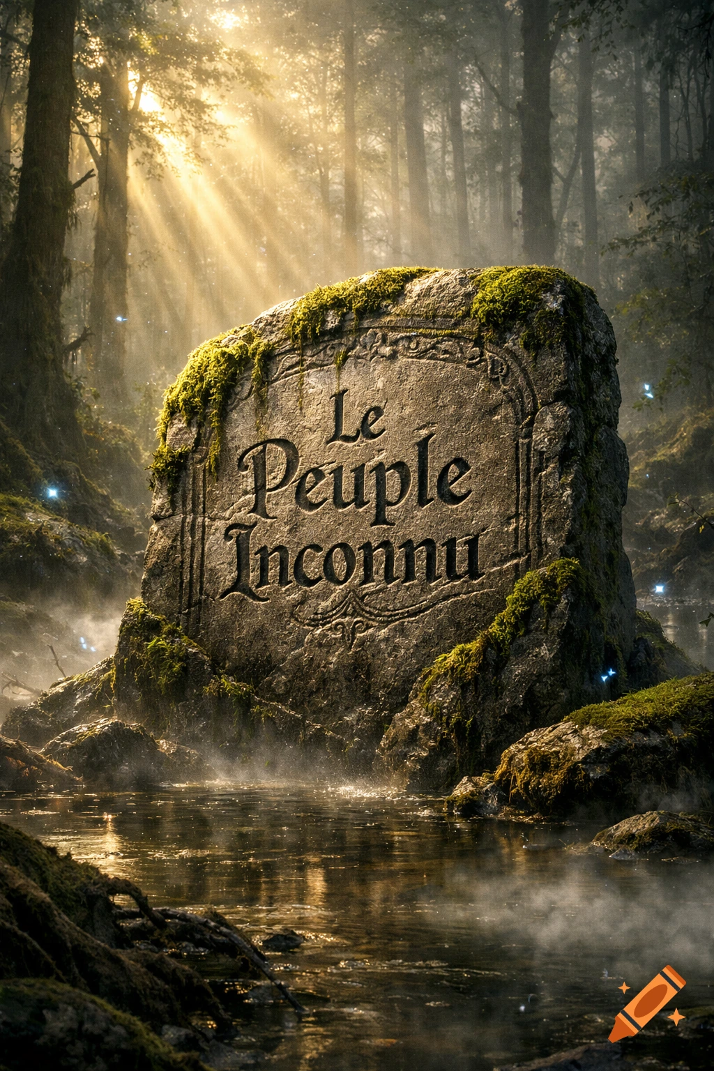Mossy stone monument with 'Le Peuple Inconnu' text in a misty, sun-drenched fantasy forest scene over water.