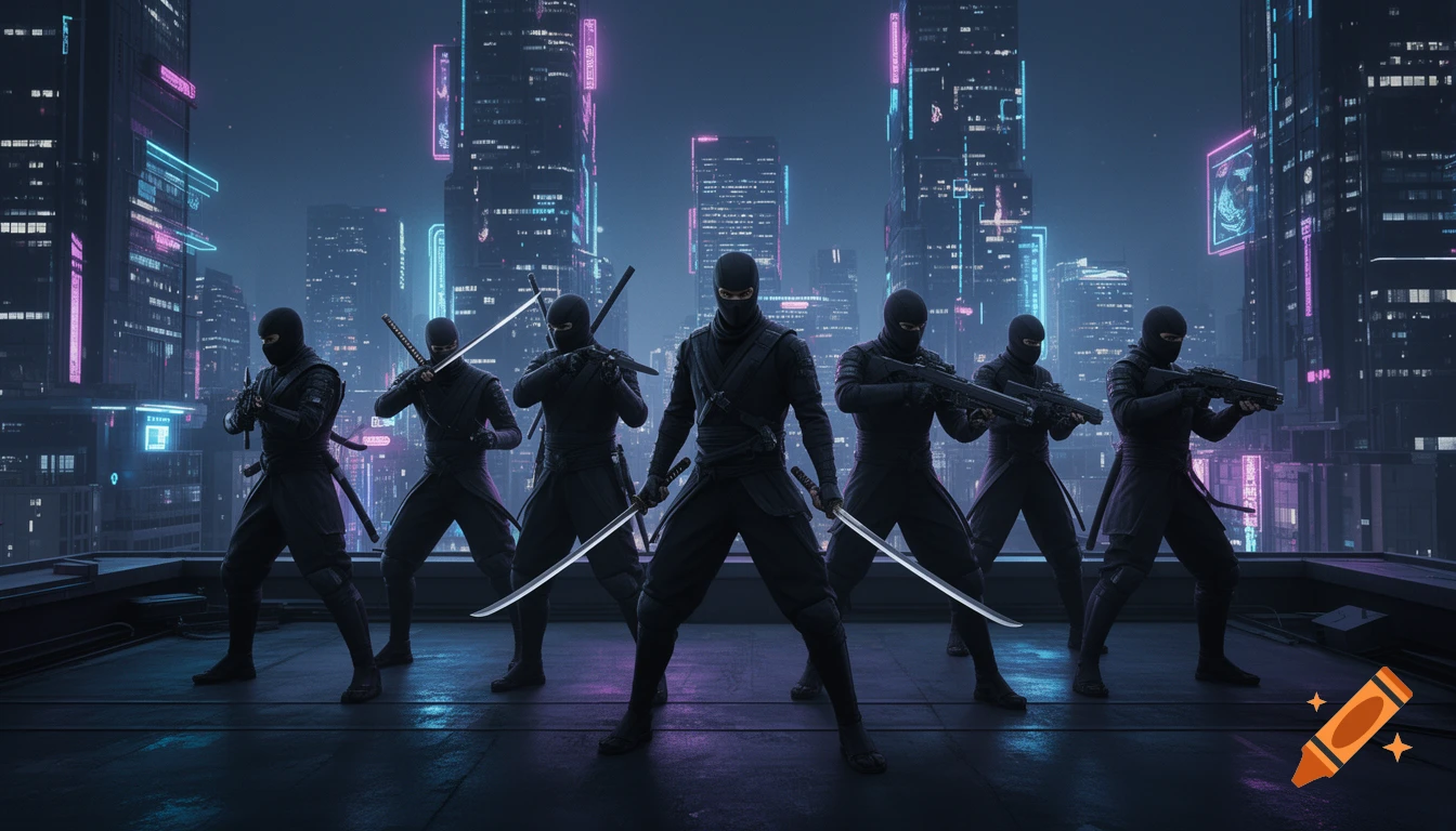 A gang of ninjas with katanas and guns stands on a cyberpunk city rooftop at night, illuminated by neon lights.