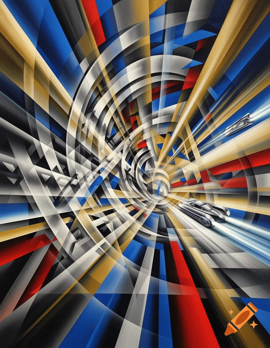 Abstract futurism artwork with geometric lines in blue, red, and gold, depicting sleek, fast-moving vehicles.