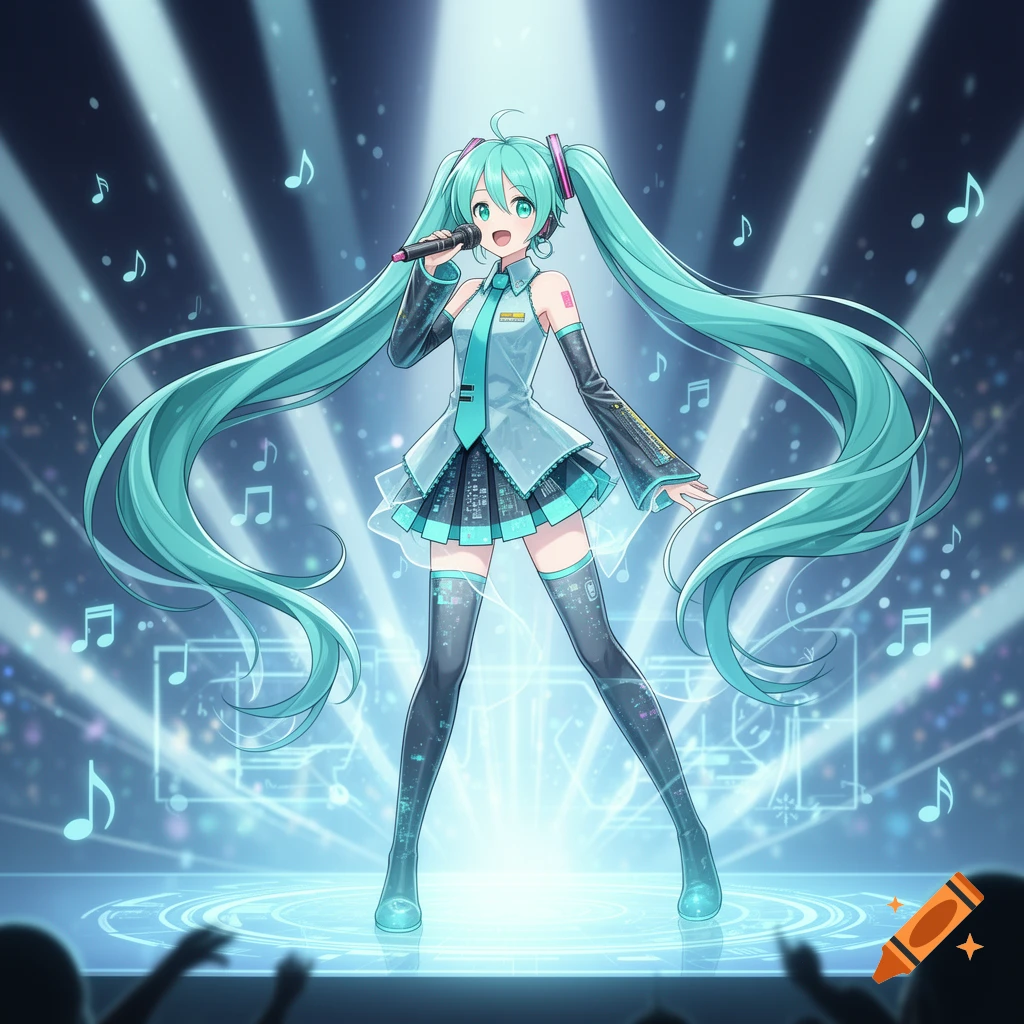 Hatsune Miku, an anime character, sings on a glowing stage with spotlights and musical notes.