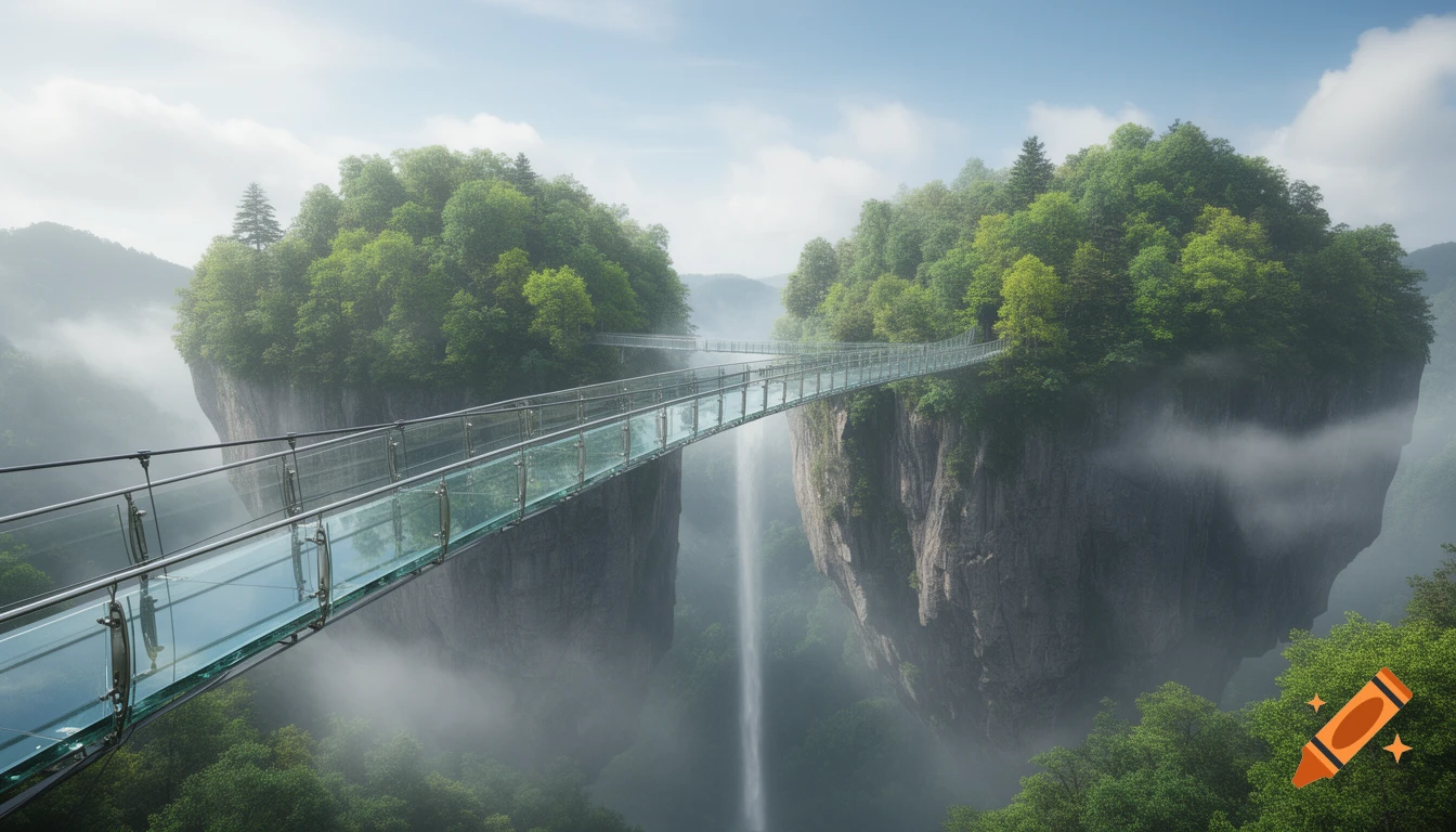 A photorealistic glass bridge connects two mist-shrouded, tree-covered mountains, with a waterfall between them.
