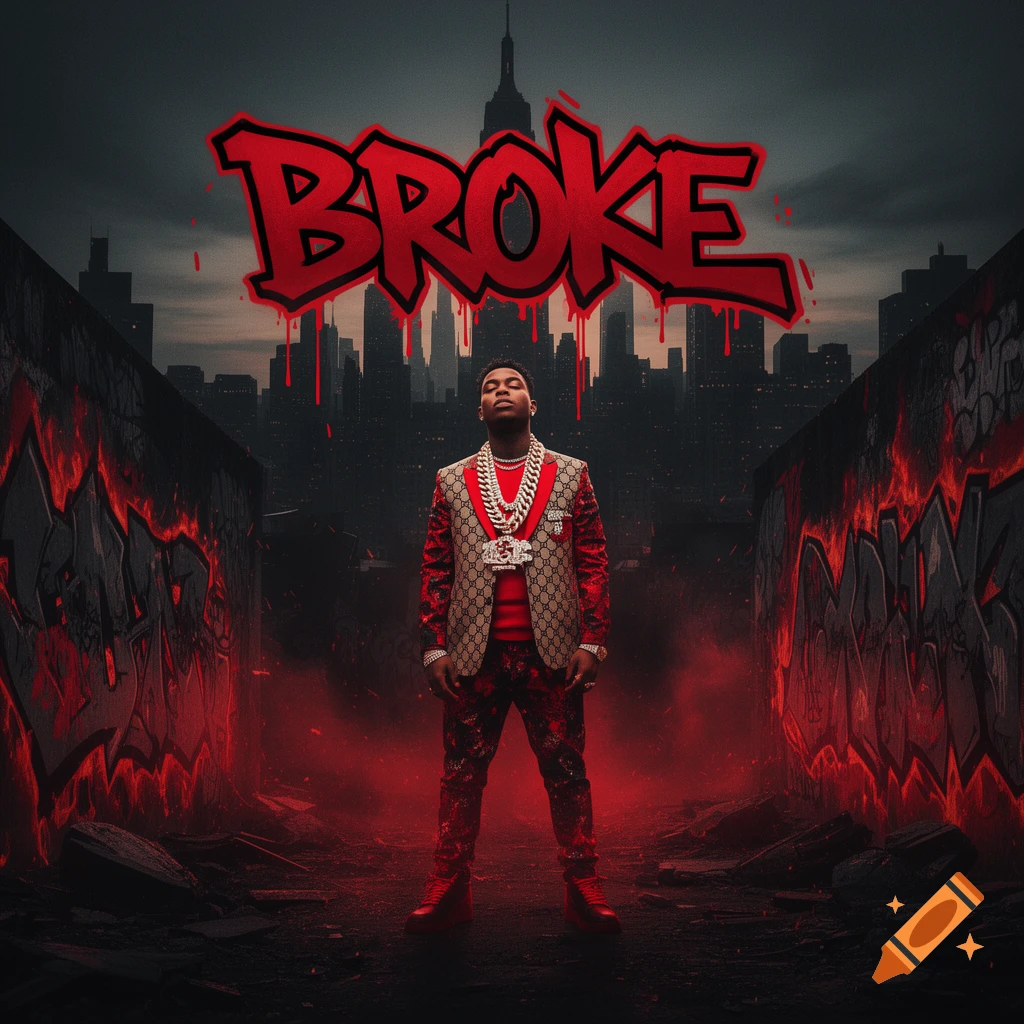 A man in a patterned suit stands in a dark, red-lit urban alleyway with graffiti, beneath a large red graffiti word "BROKE" in a city skyline.