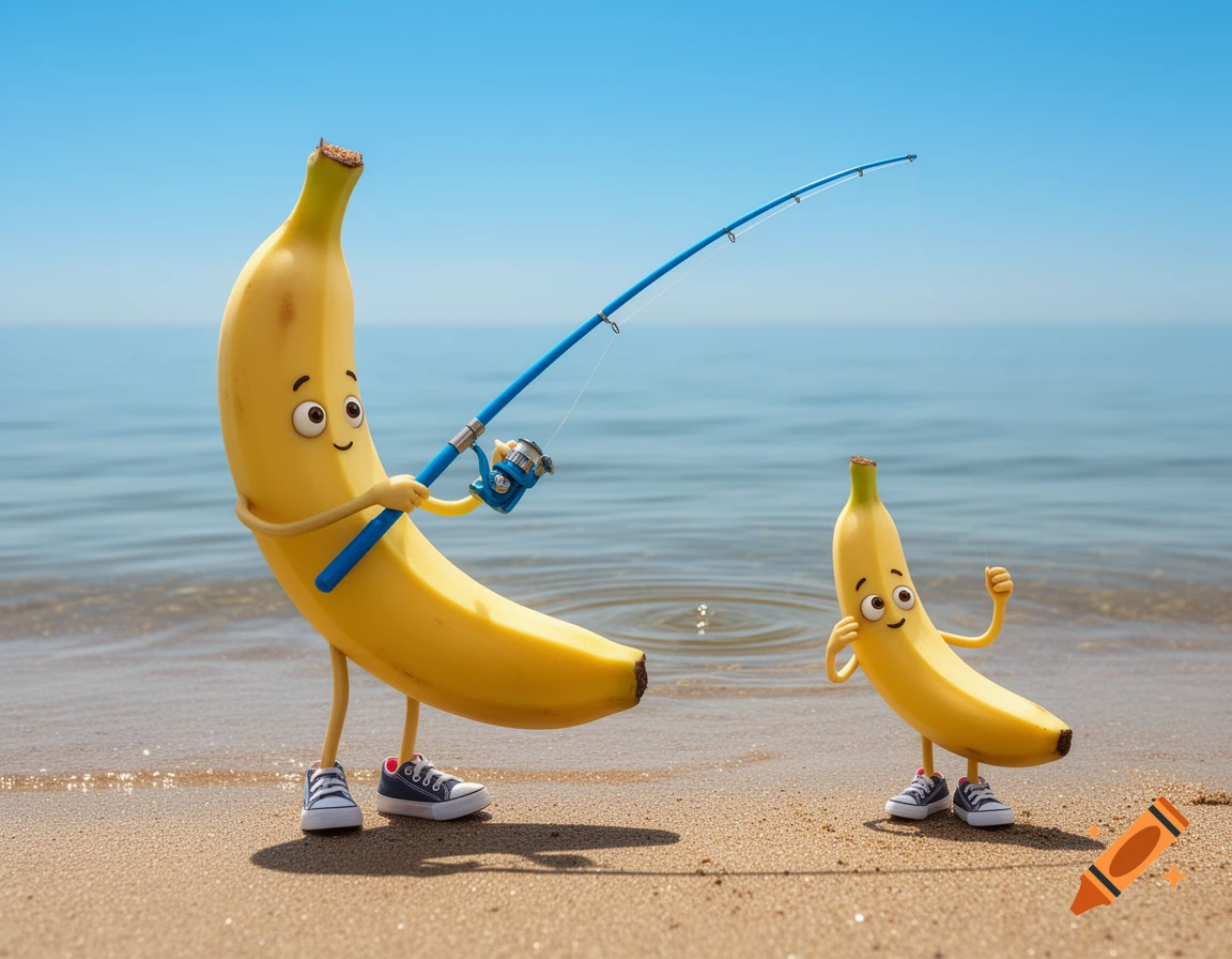 A cartoon large banana with a blue fishing rod and a small banana with shoes stand on a sandy beach by the ocean.