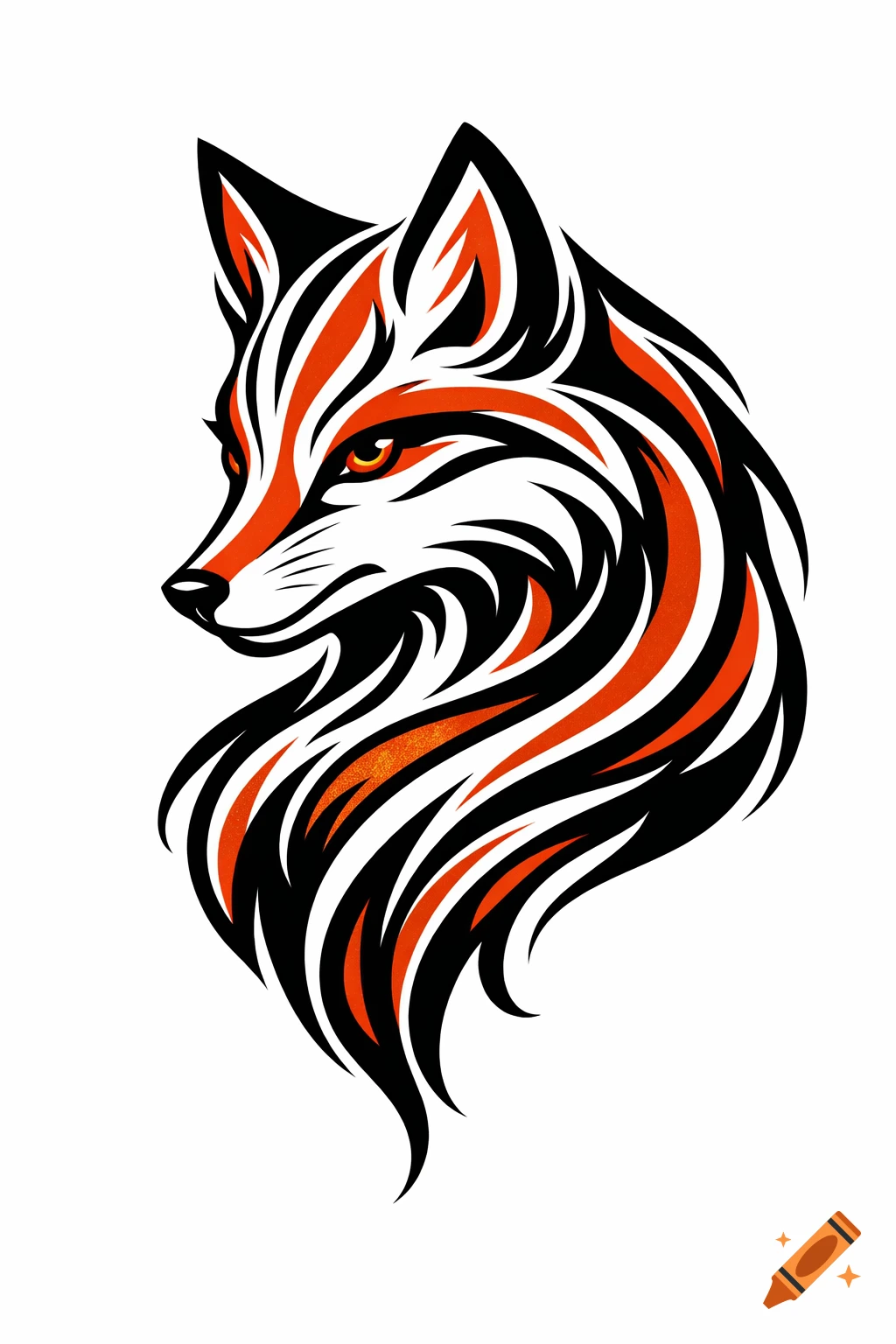 A stylized fox head in black, white, and orange-red, featuring flowing, organic lines in a graphic art style.
