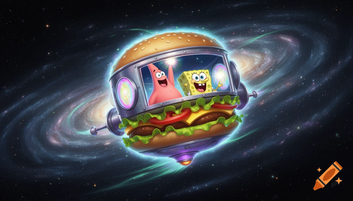 SpongeBob and Patrick fly a Krabby Patty hamburger spaceship through a vibrant galaxy.