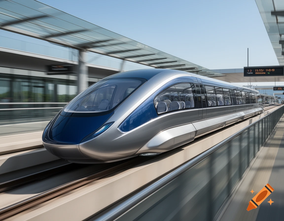 A sleek, silver and blue futuristic train on tracks at a modern station under a clear blue sky.
