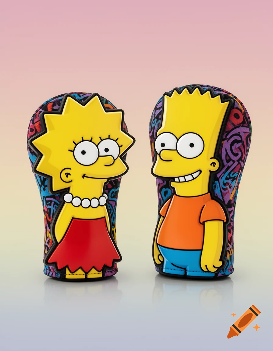 Stylized golf club covers featuring Lisa Simpson and Bart Simpson with colorful patterned backs.