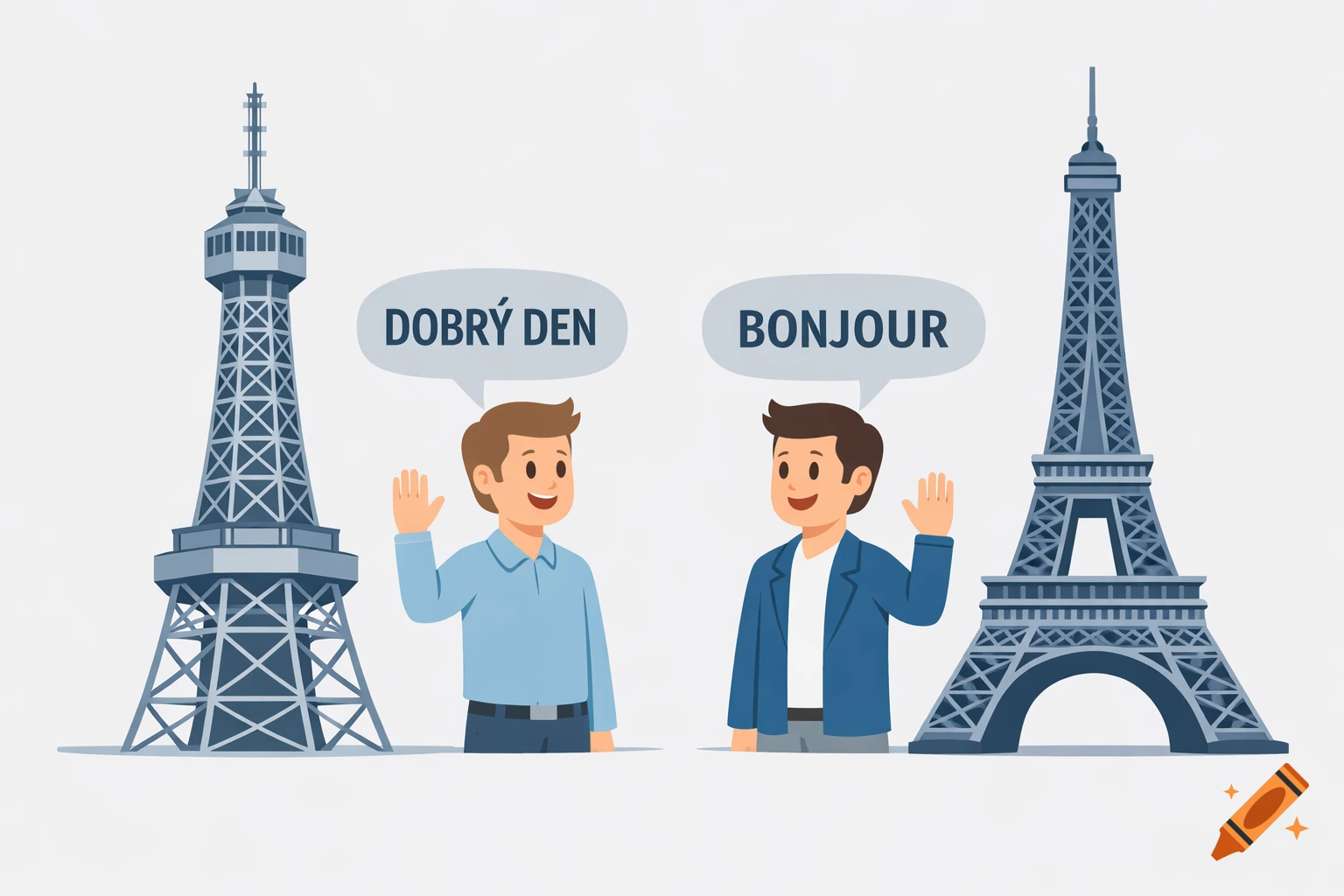 Clipart of two men waving next to the Petrin Tower and Eiffel Tower, with speech bubbles saying 'Dobr f y den' and 'Bonjour'.