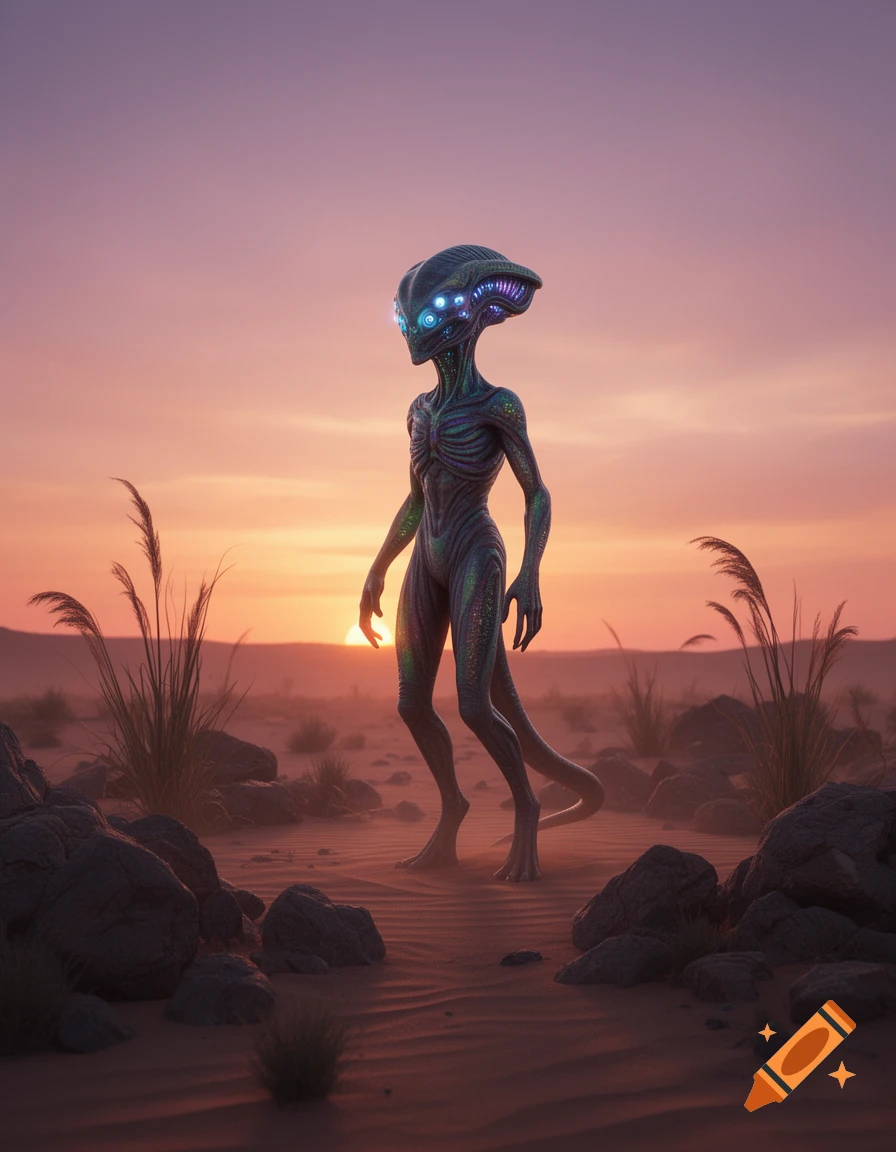A bioluminescent alien with multiple glowing eyes stands in a vibrant desert sunset with rocks and plants.
