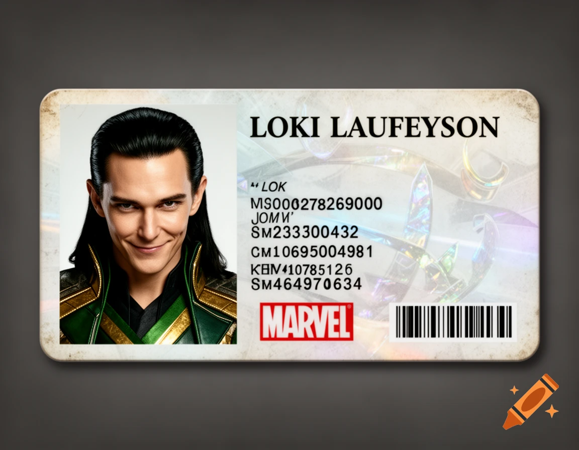 An ID card for Loki Laufeyson featuring a smiling photo of Loki, the Marvel logo, and various lines of text and a barcode.