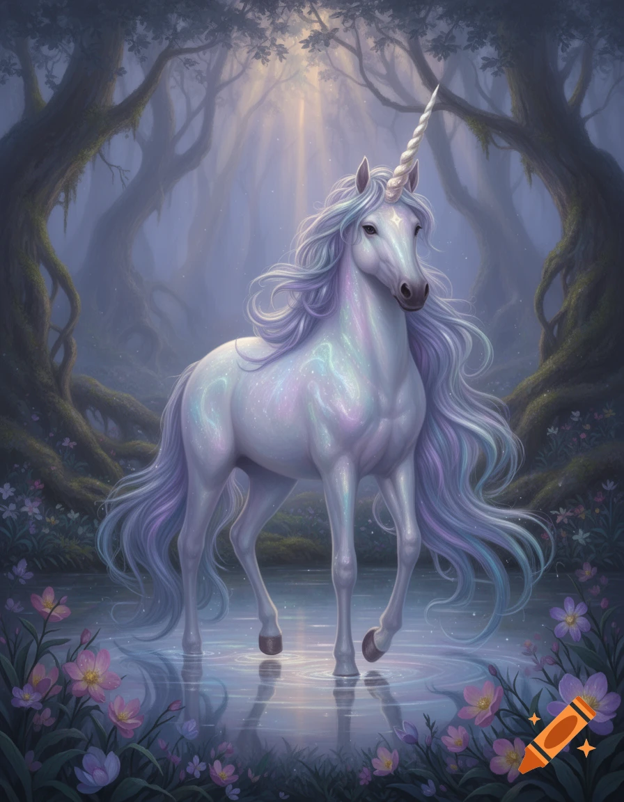 A majestic white unicorn with a shimmering mane and horn stands in a shallow pool of water in a dreamlike, mystical forest with glowing light.