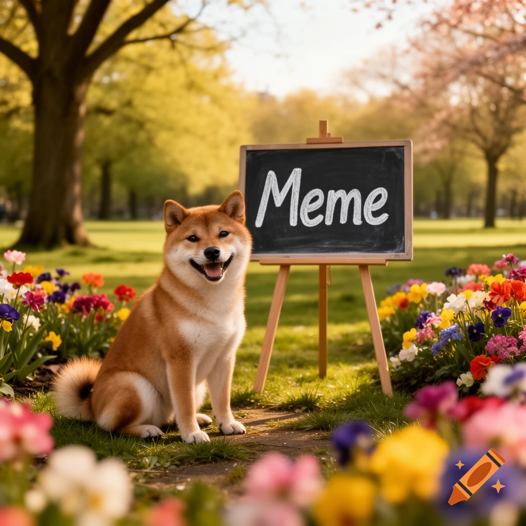A happy Shiba Inu dog sits in a vibrant flower field next to a blackboard displaying the word 'Meme', photorealistic style.