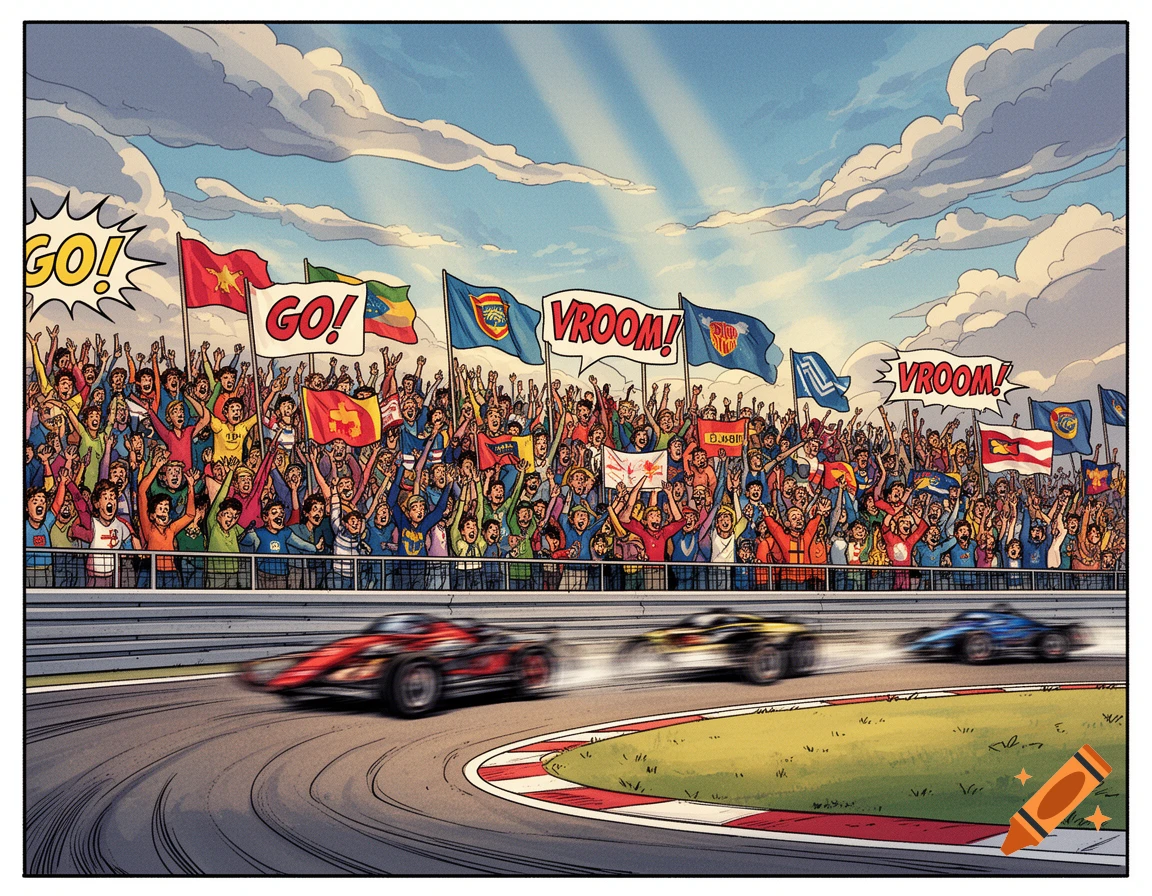 Comic-style illustration of a motorsports race with cheering spectators holding flags, as race cars speed around a track.