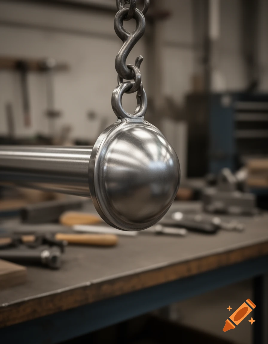 A polished metallic sphere attached to a rod, suspended by a chain, with a blurry workshop background.