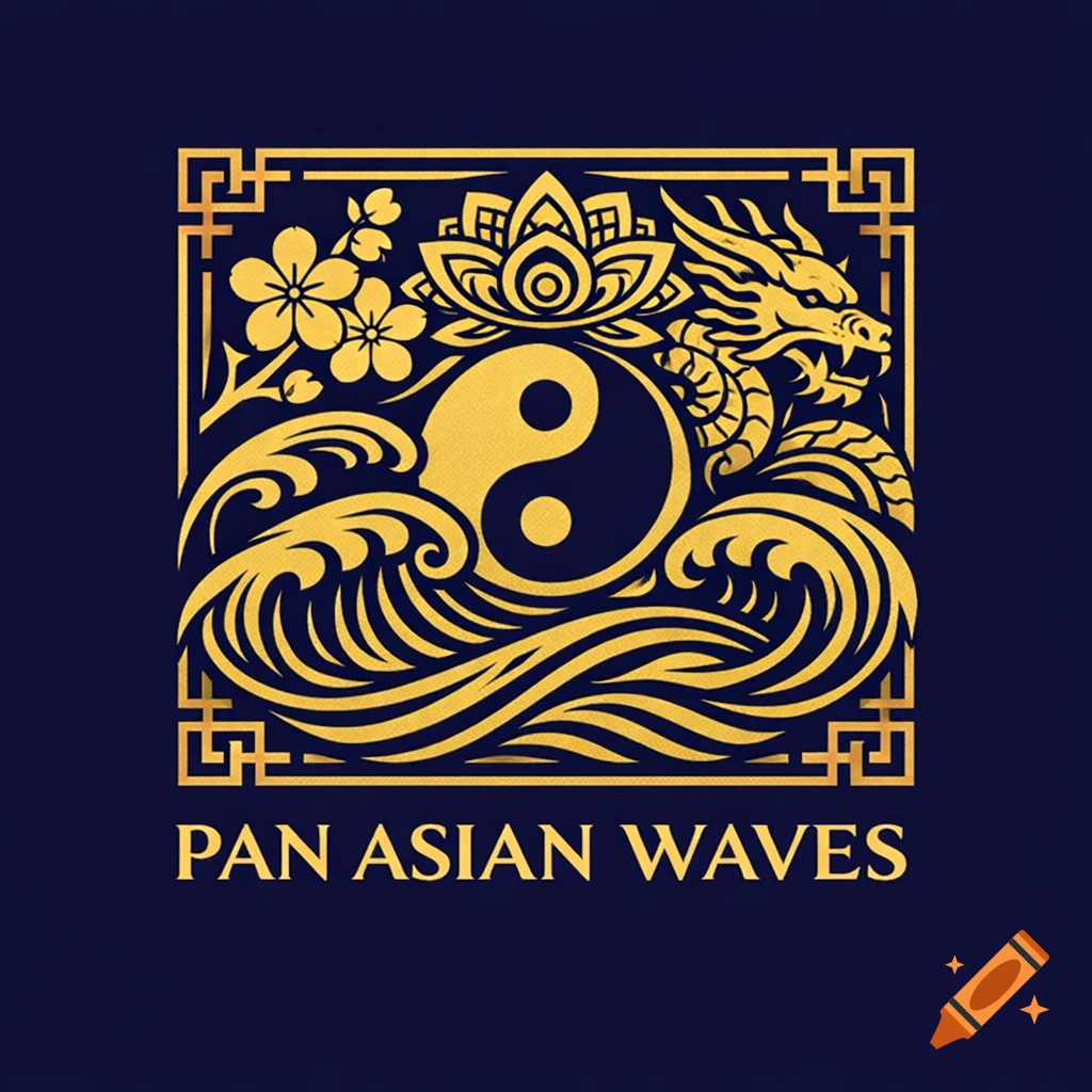 Gold stylized logo with a dragon, lotus, cherry blossoms, yin-yang, and waves in a square frame on a dark blue background, with text 'PAN ASIAN WAVES'.