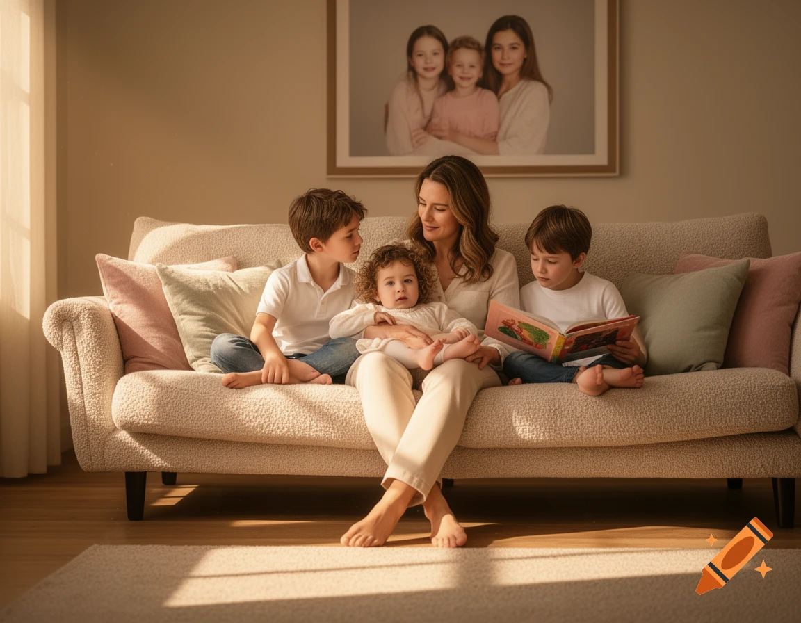 A mother sits on a beige couch with her three young children, one reading a book, in a sunlit living room with a framed family photo on the wall.