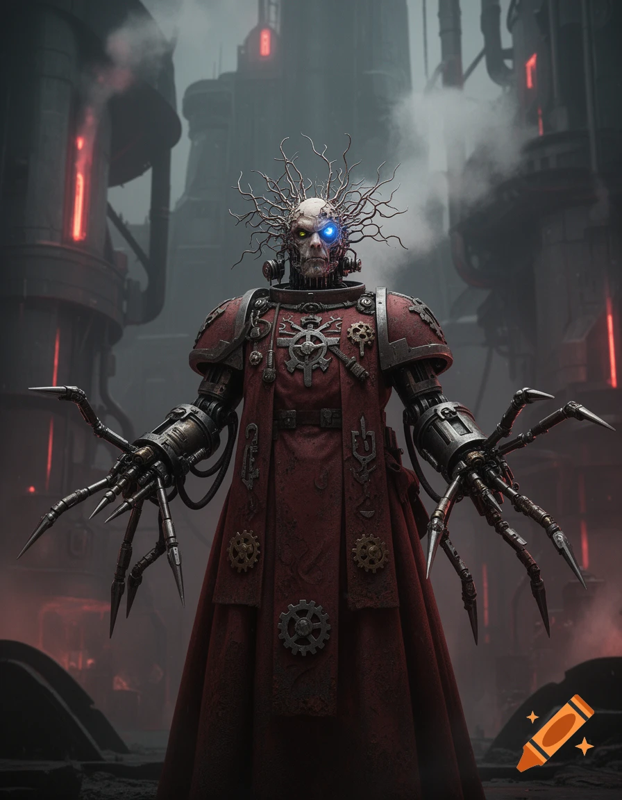 A grimdark Warhammer 40k Mechanicum tech-priest stands in an industrial, smoky environment, wearing a red robe and mechanical claw hands.