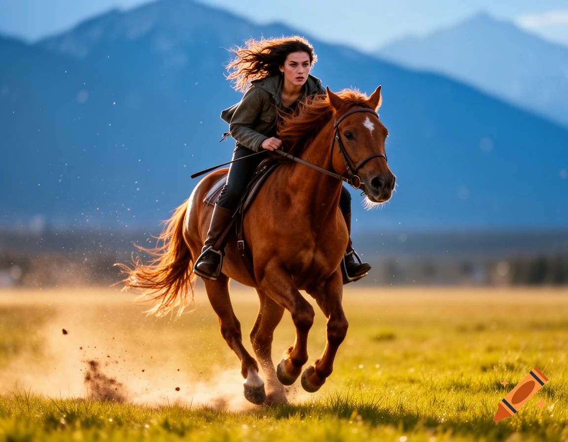 Photorealistic image of a woman galloping a brown horse in a sunlit grassy field with mountains in the background.