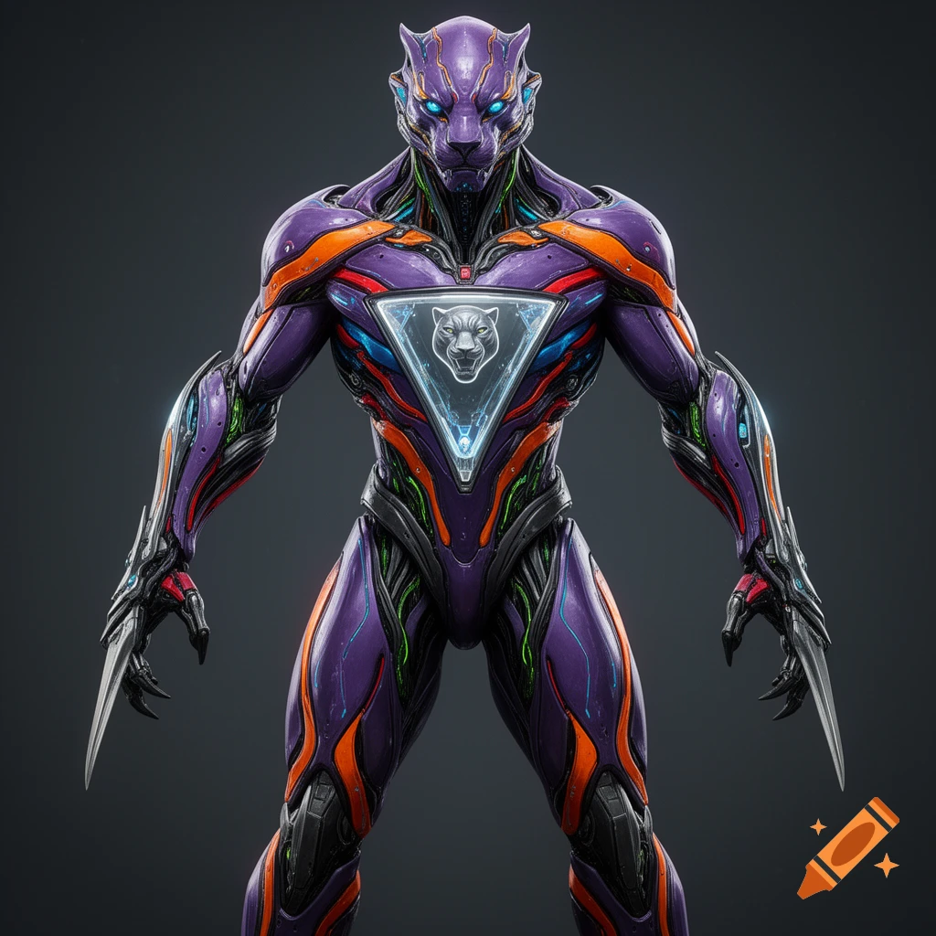 A hyperrealistic, futuristic cyber-organic humanoid panther in purple, orange, blue, and green armor with glowing eyes and bladed gauntlets.