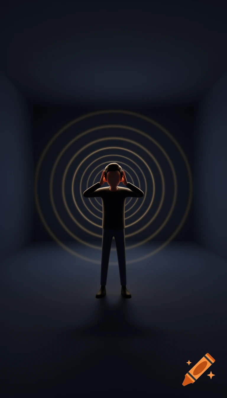 Minimalist 3D cartoon figure covering its ears in a dark room with glowing gold sound waves.
