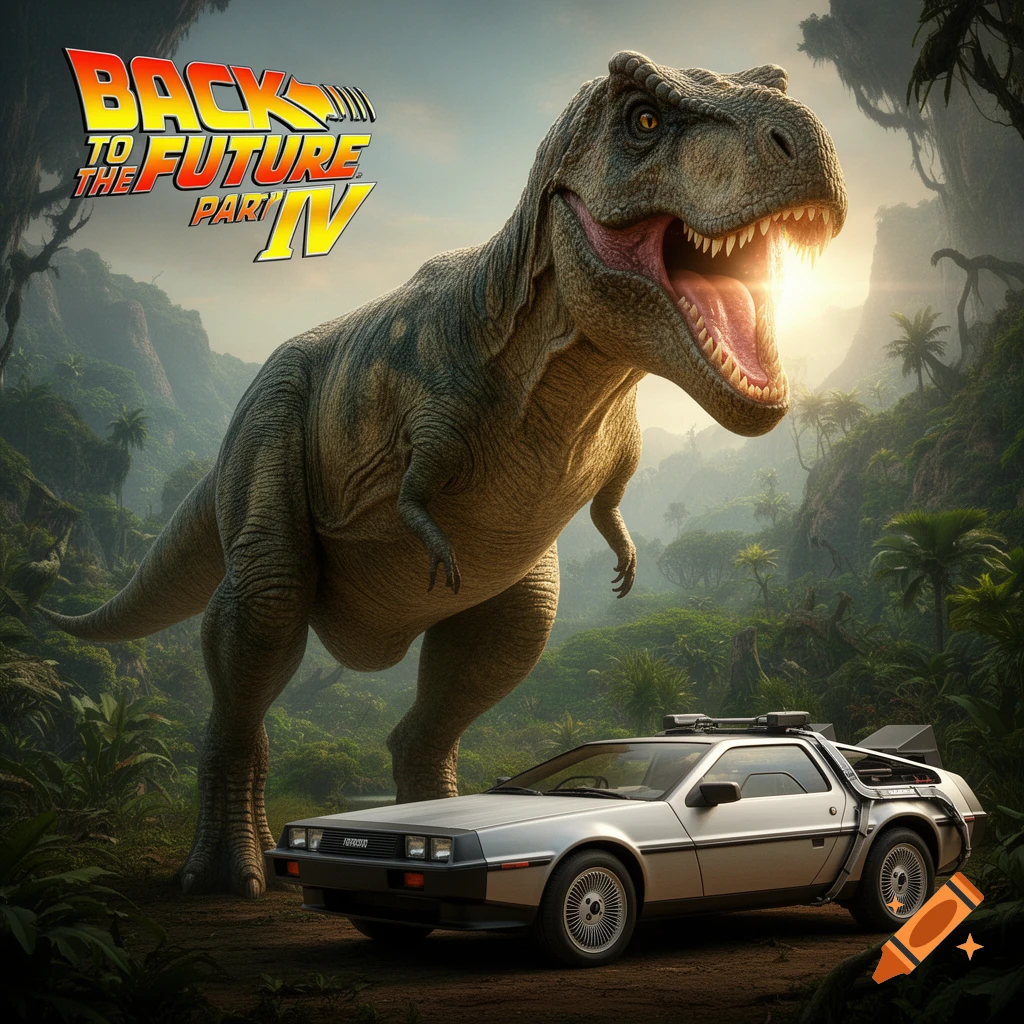 A giant T-Rex roars at a DeLorean time machine in a prehistoric jungle, with a 'Back to the Future Part IV' logo.