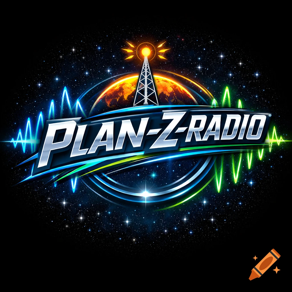 A shiny, chrome-like logo for 'Plan-Z-Radio' featuring a radio tower on a planet, surrounded by glowing sound waves and stars.