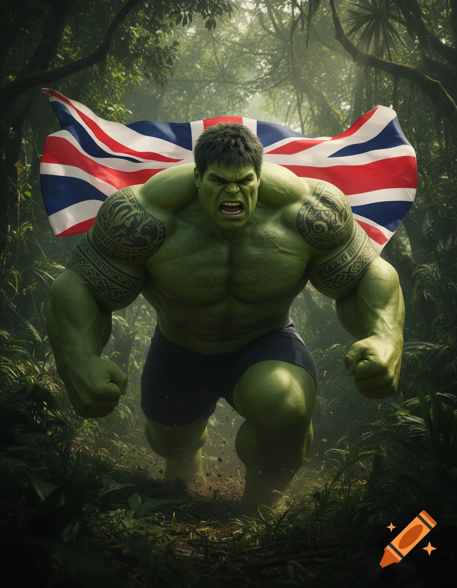 Photorealistic CGI image of the green Hulk, wearing shorts and a British flag cape, angrily running through a dense jungle.