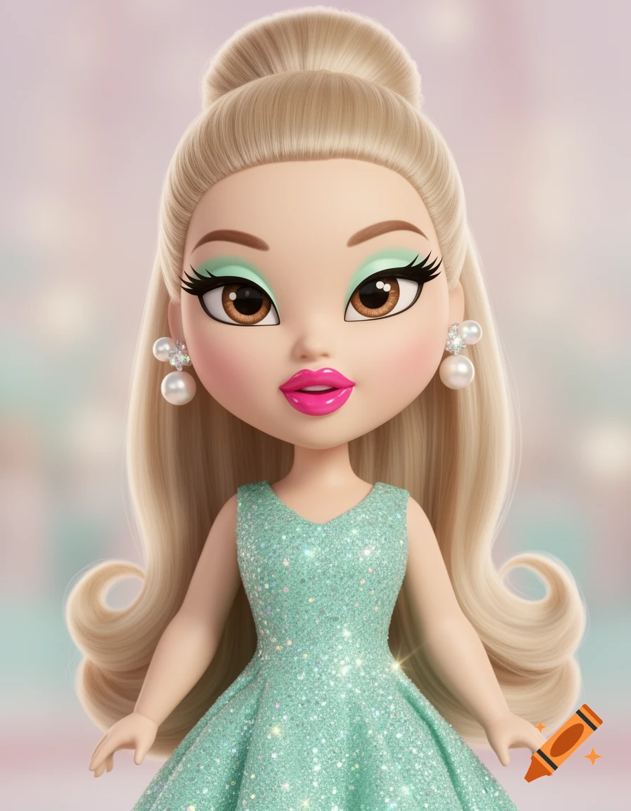 A close-up of a Bratz doll with an elegant blonde updo, wearing a sparkly seafoam green dress and pearl earrings.