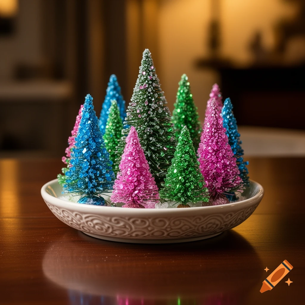 Miniature blue, pink, and green glittery fir trees in a white decorative bowl on a wooden table.