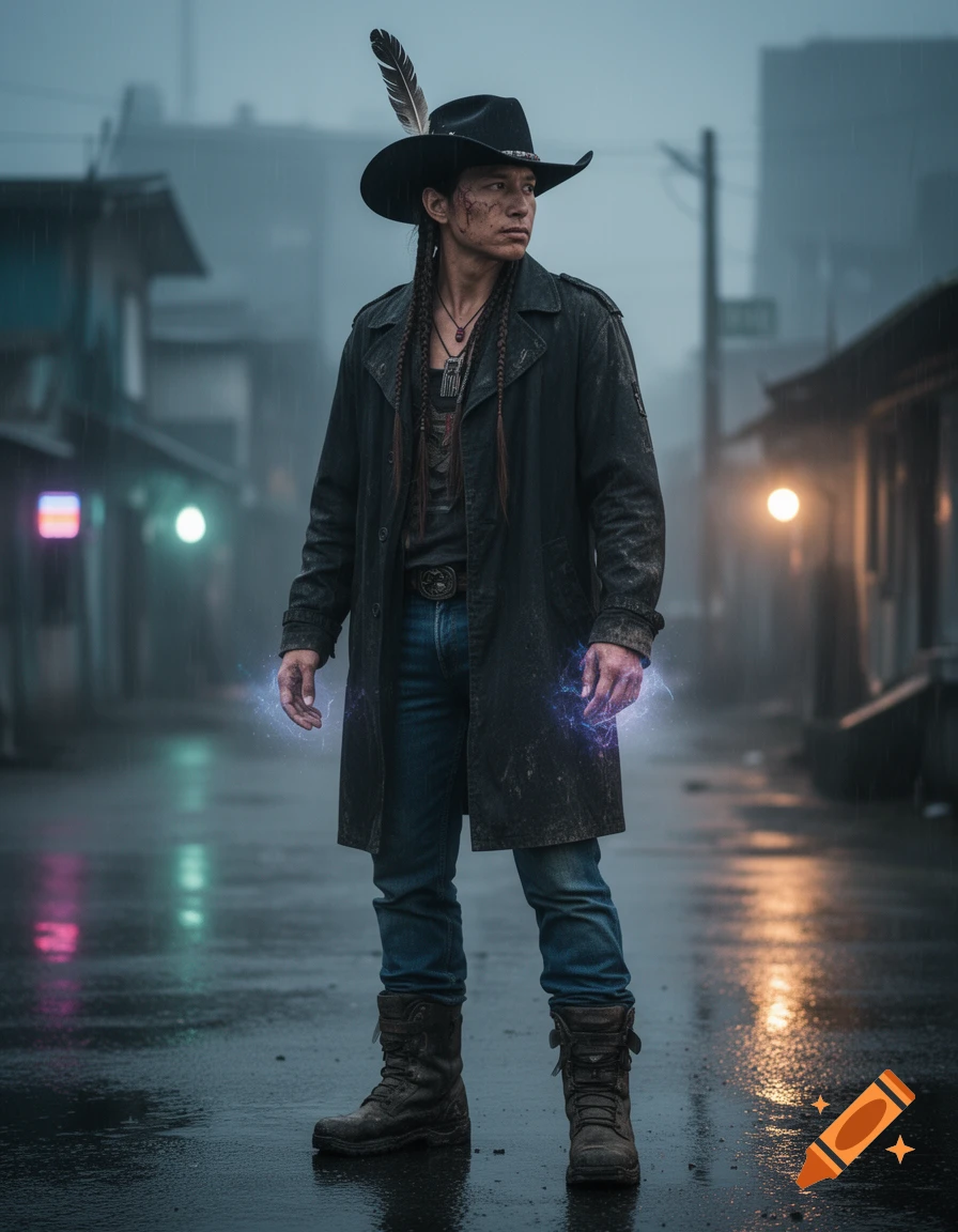 Photorealistic portrait of a Native American man in a cowboy hat and dark coat, with a magical aura, standing on a rainy cyberpunk street.